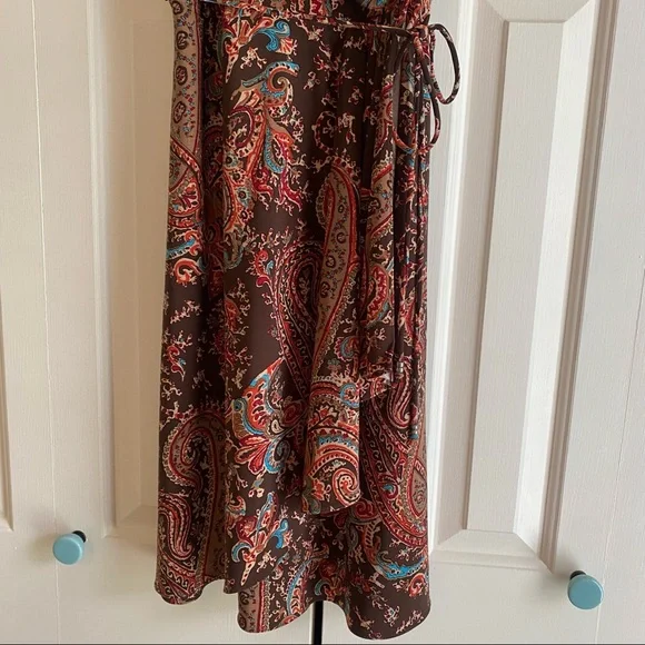 Lauren Ralph Lauren brown print faux wrap dress. Sz XS sleeveless - Picture 5 of 5